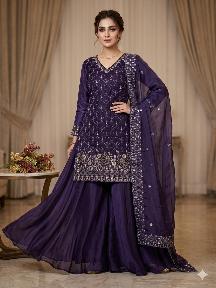 Purple Party Wear Outfit Is Fendy Silk Embroidered Kurti