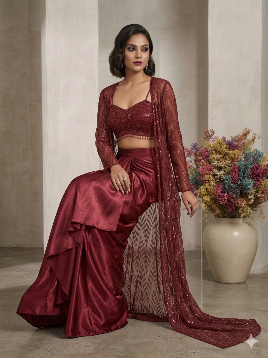 Indo-Western Ensemble Features Rich Maroon Sequin-Embroidered