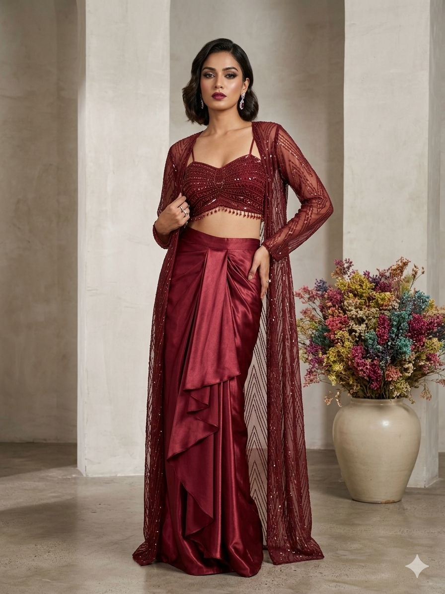 Indo-Western Ensemble Features Rich Maroon Sequin-Embroidered