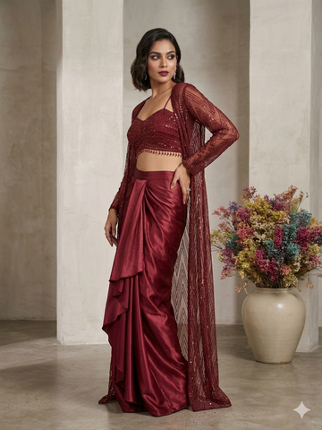 Indo-Western Ensemble Features Rich Maroon Sequin-Embroidered