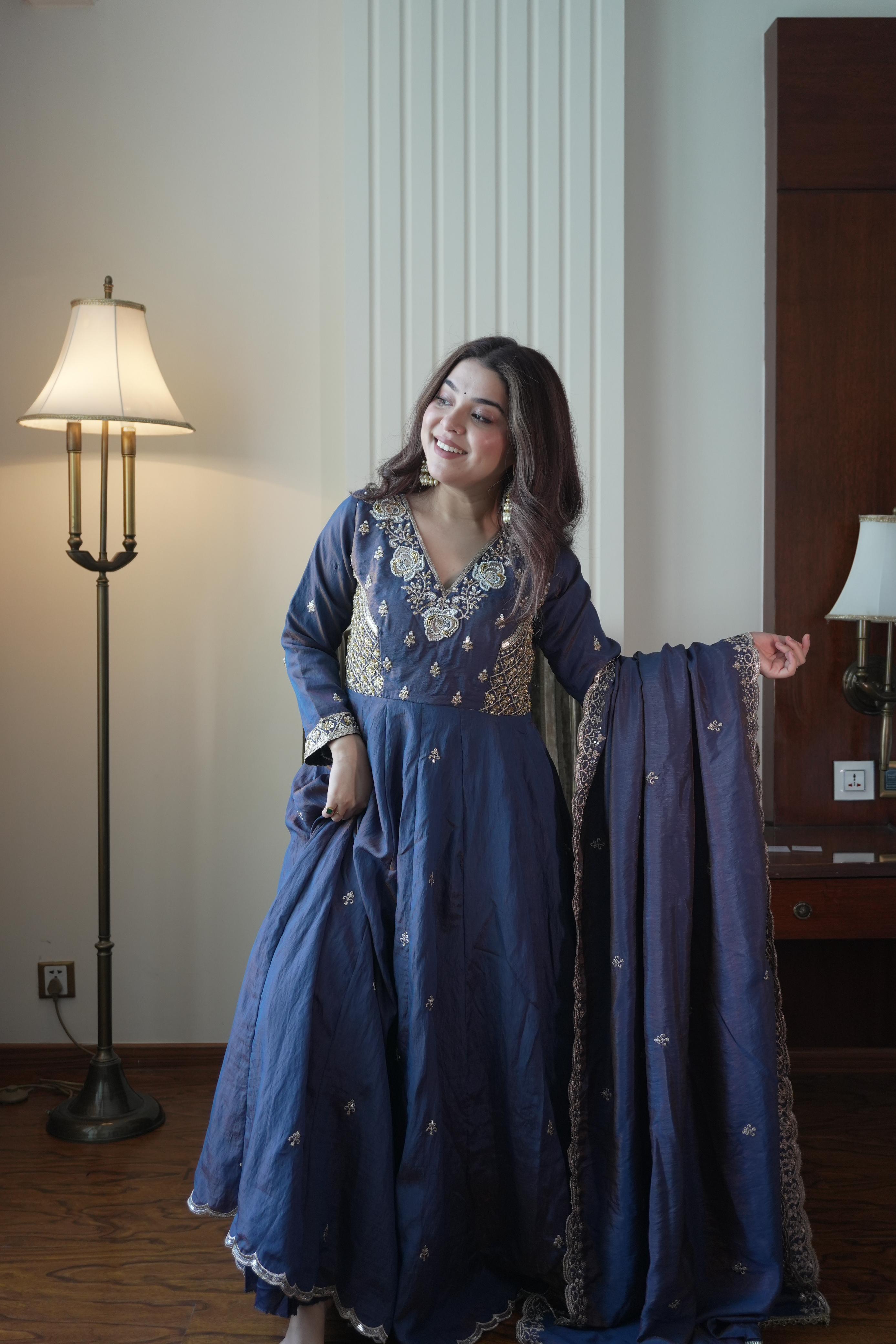 Royal Blue Vichitra Silk Anarkali Gown Set