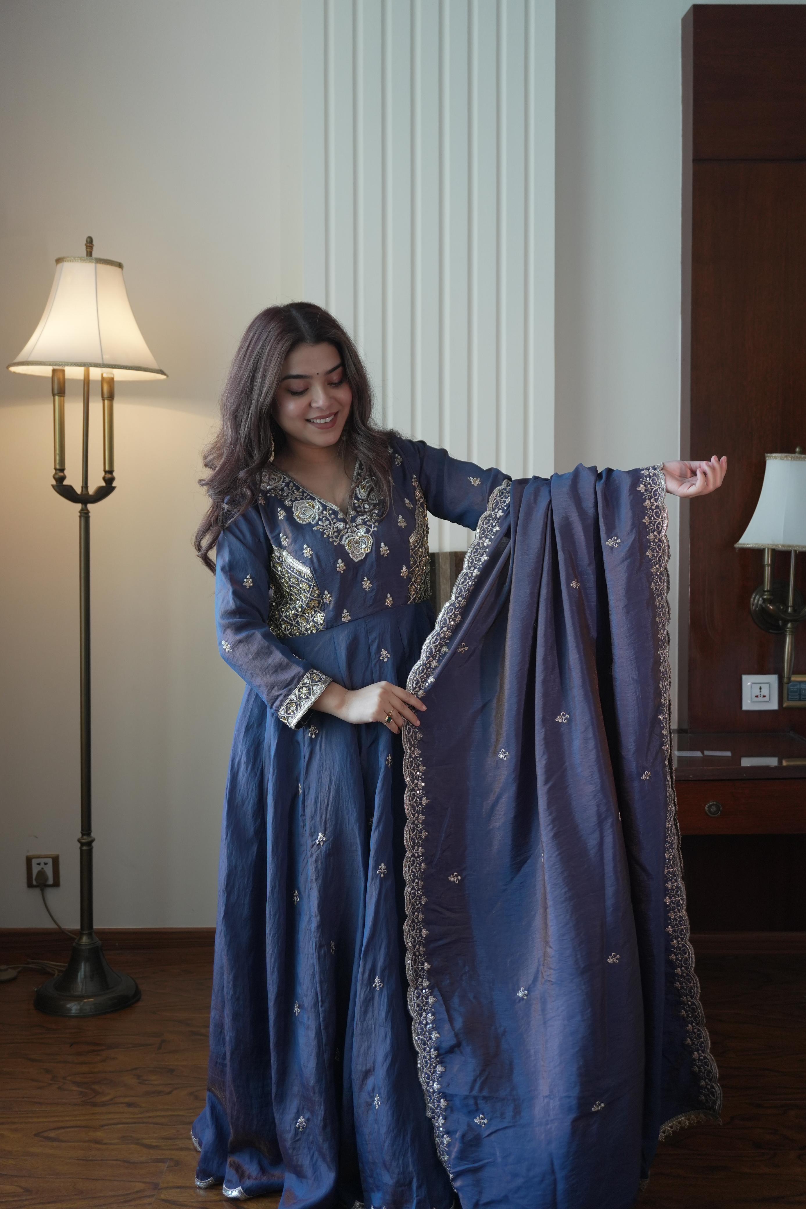 Royal Blue Vichitra Silk Anarkali Gown Set