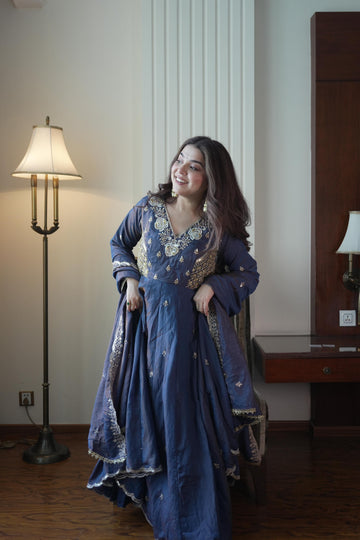 Royal Blue Vichitra Silk Anarkali Gown Set