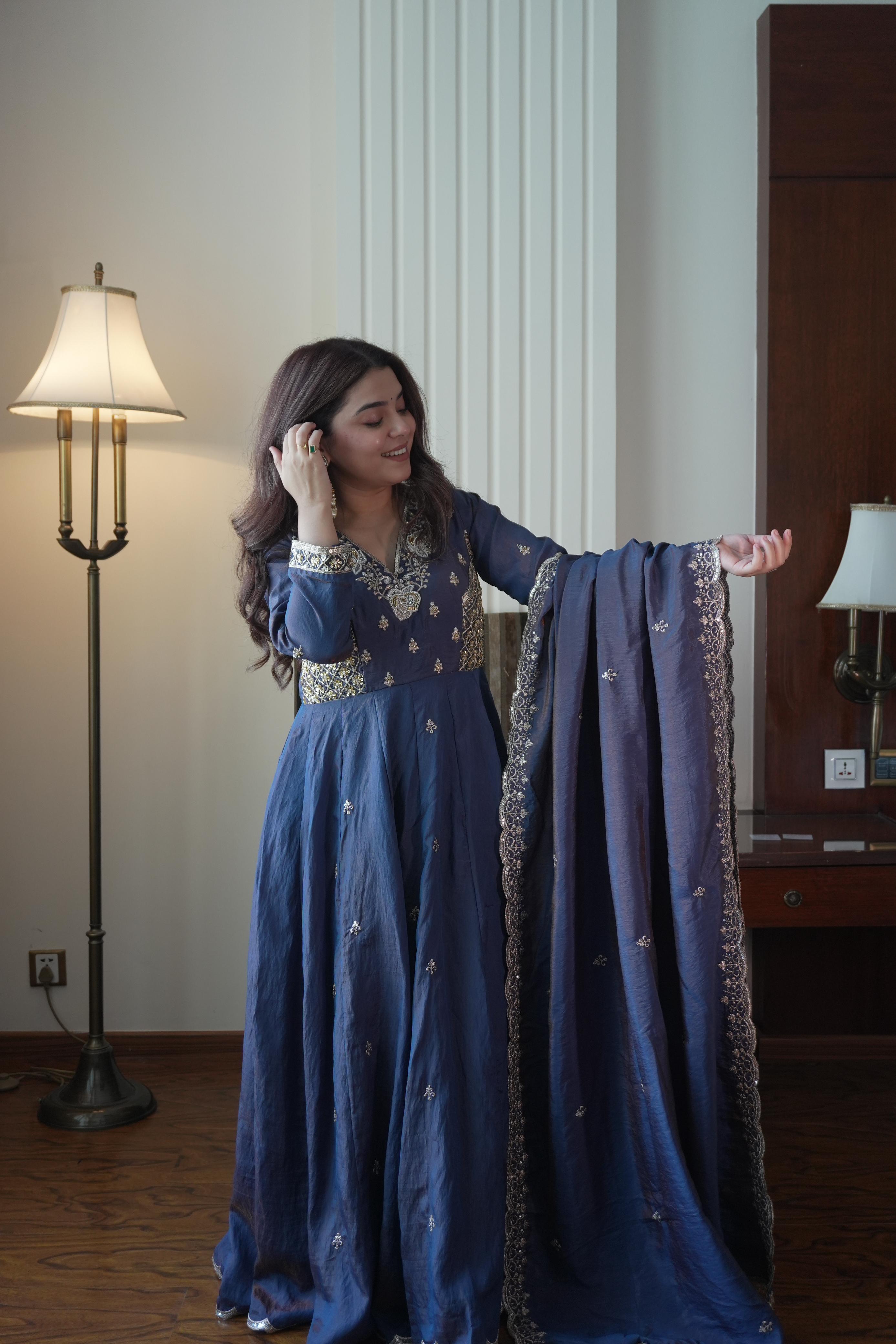 Royal Blue Vichitra Silk Anarkali Gown Set