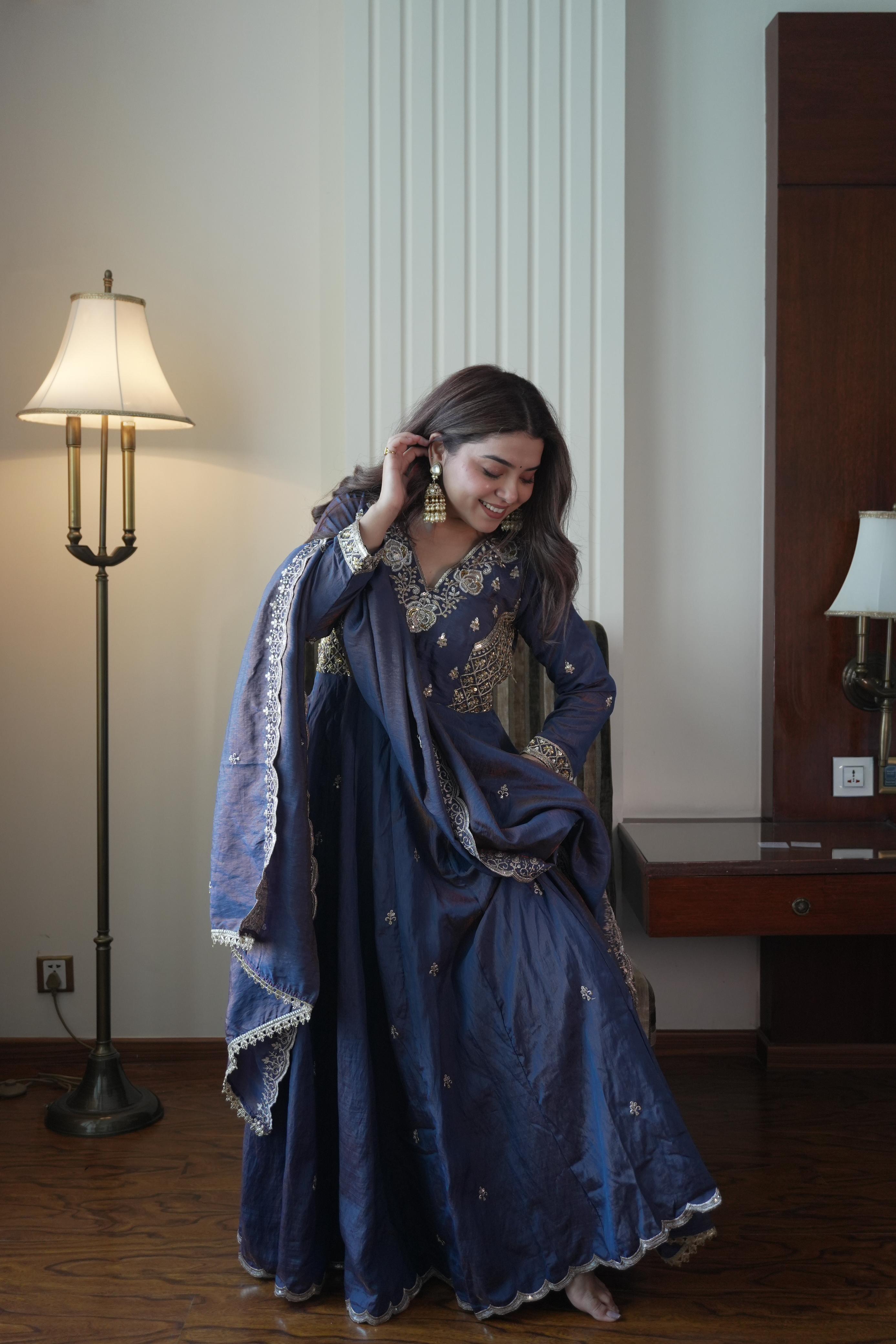 Royal Blue Vichitra Silk Anarkali Gown Set