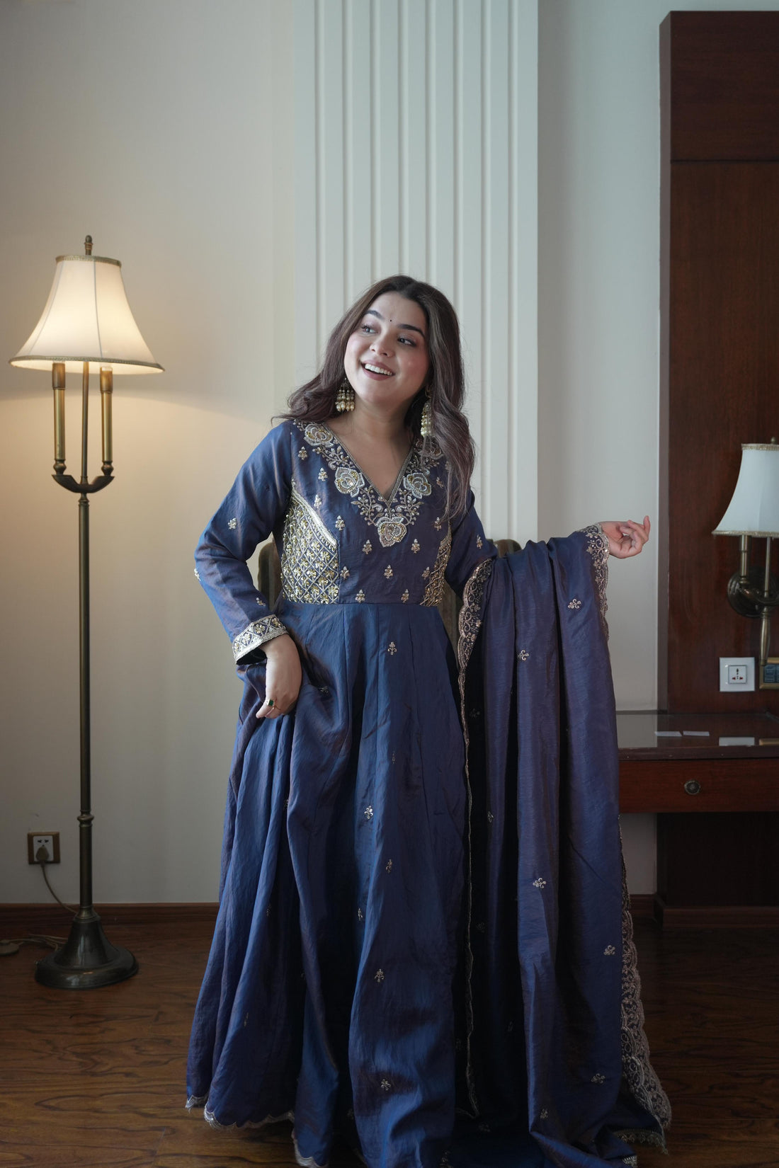 Royal Blue Vichitra Silk Anarkali Gown Set