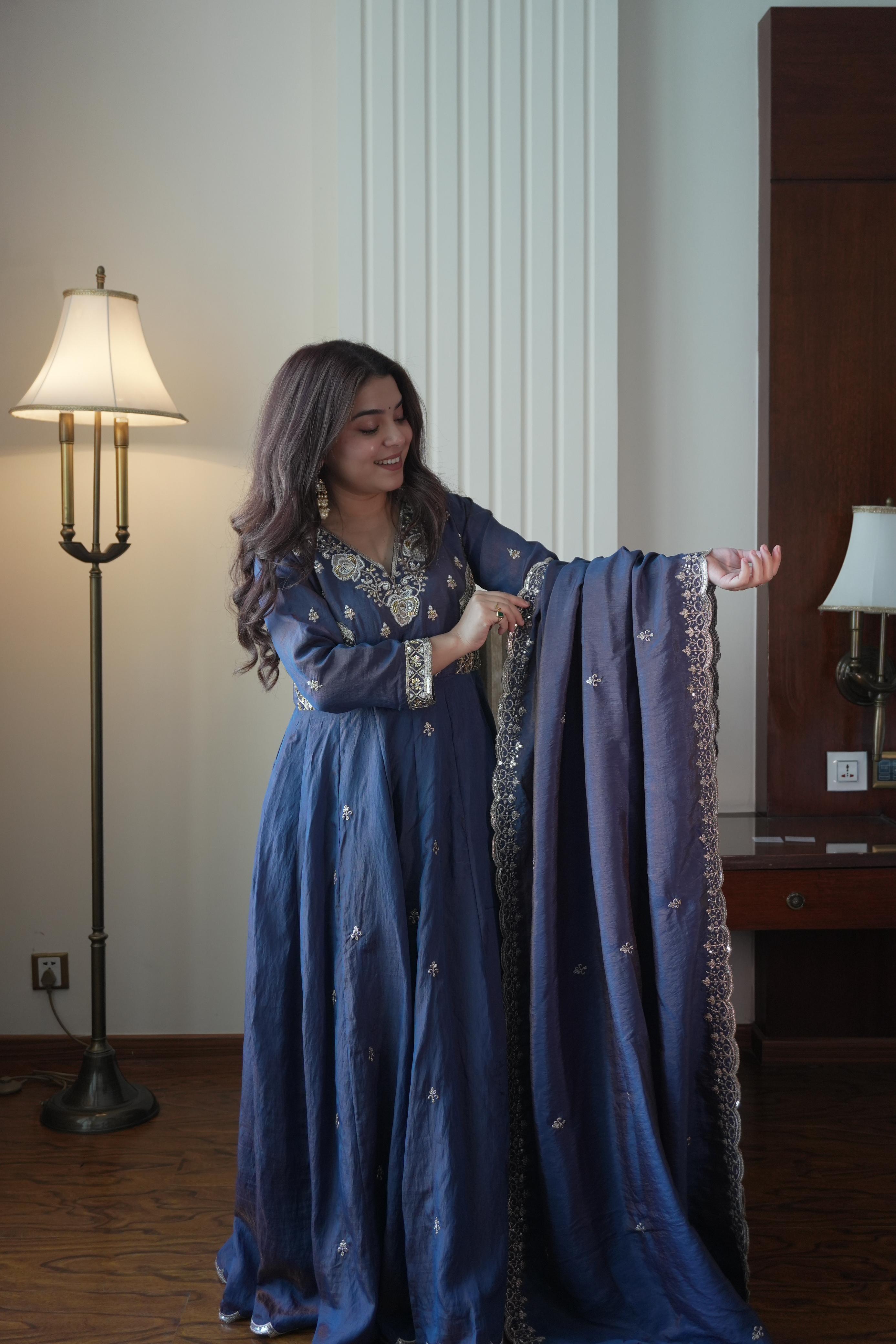 Royal Blue Vichitra Silk Anarkali Gown Set