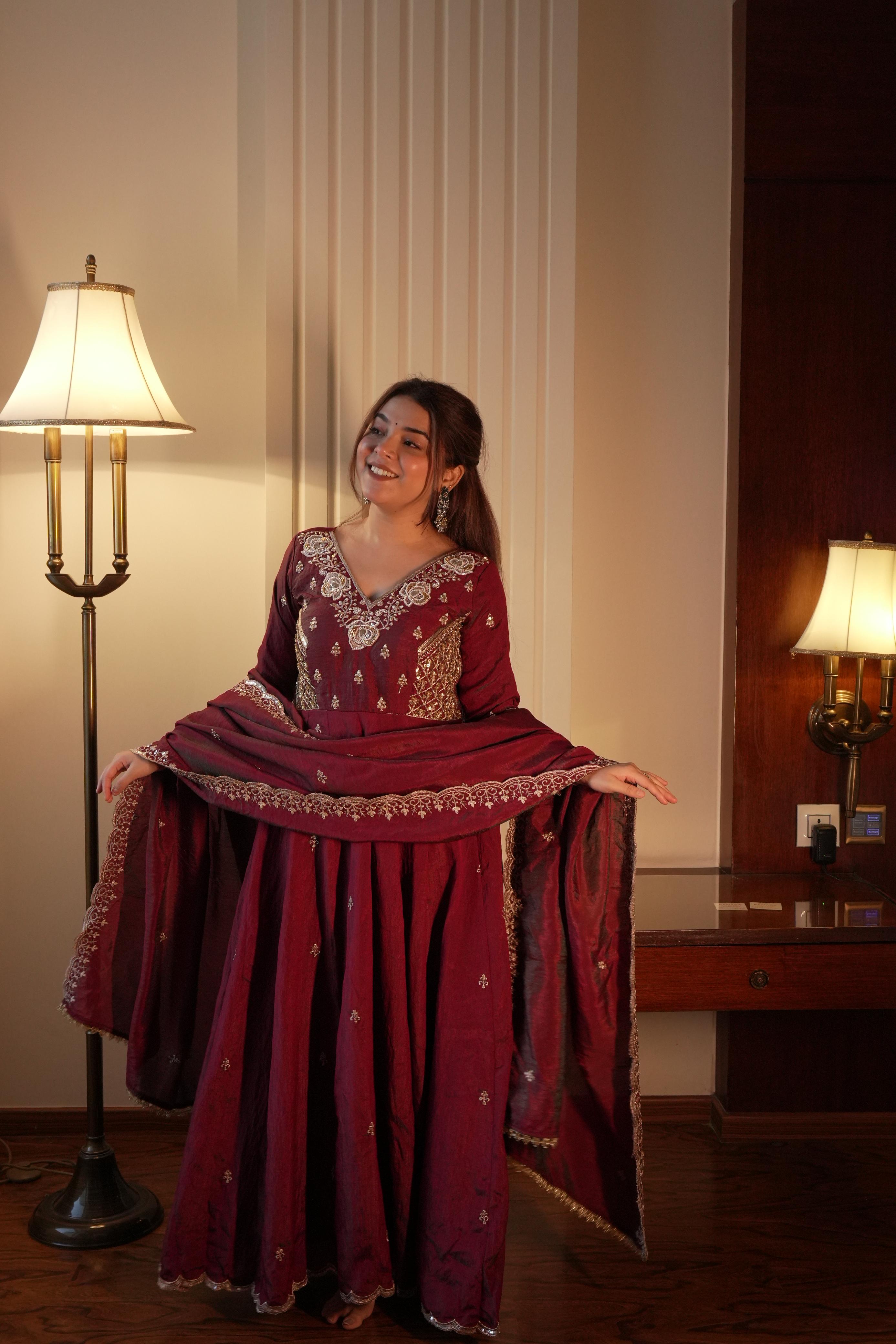 Maroon Vichitra Silk Anarkali Gown Set