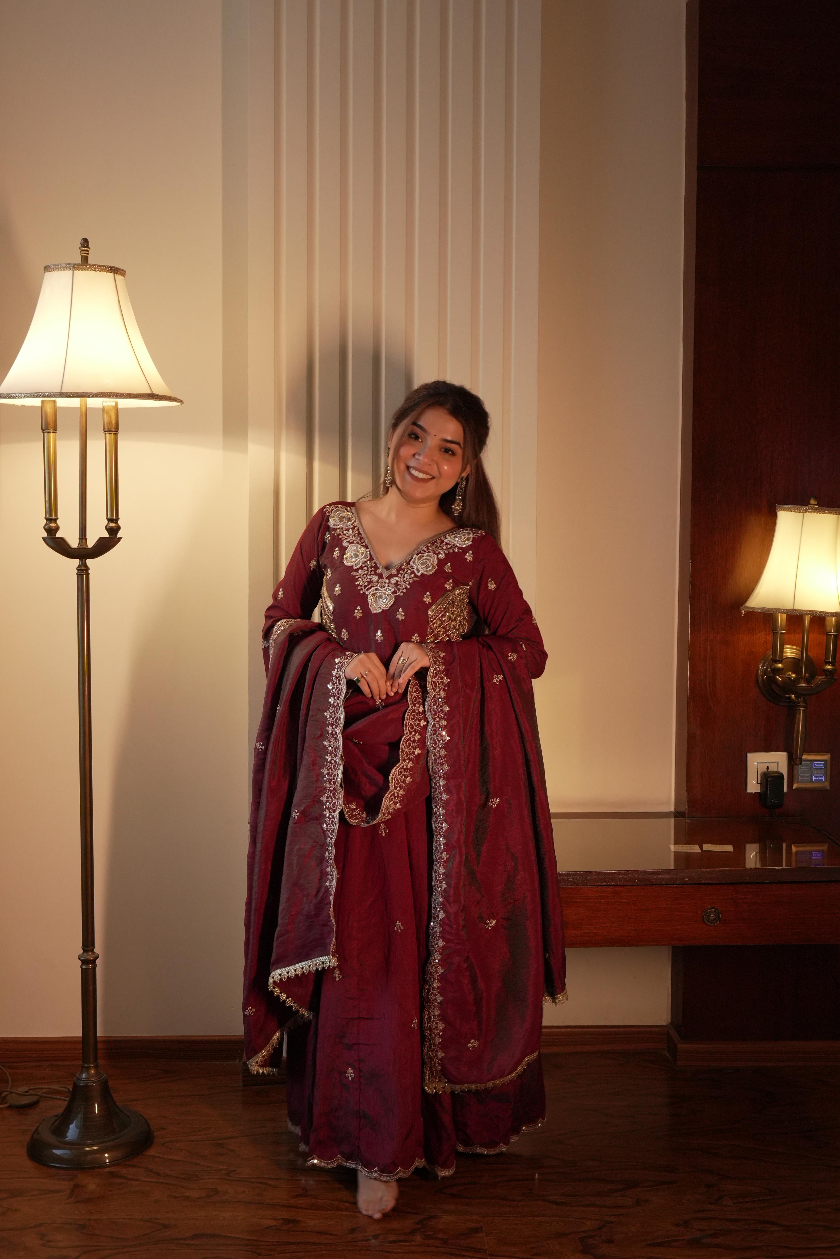 Maroon Vichitra Silk Anarkali Gown Set