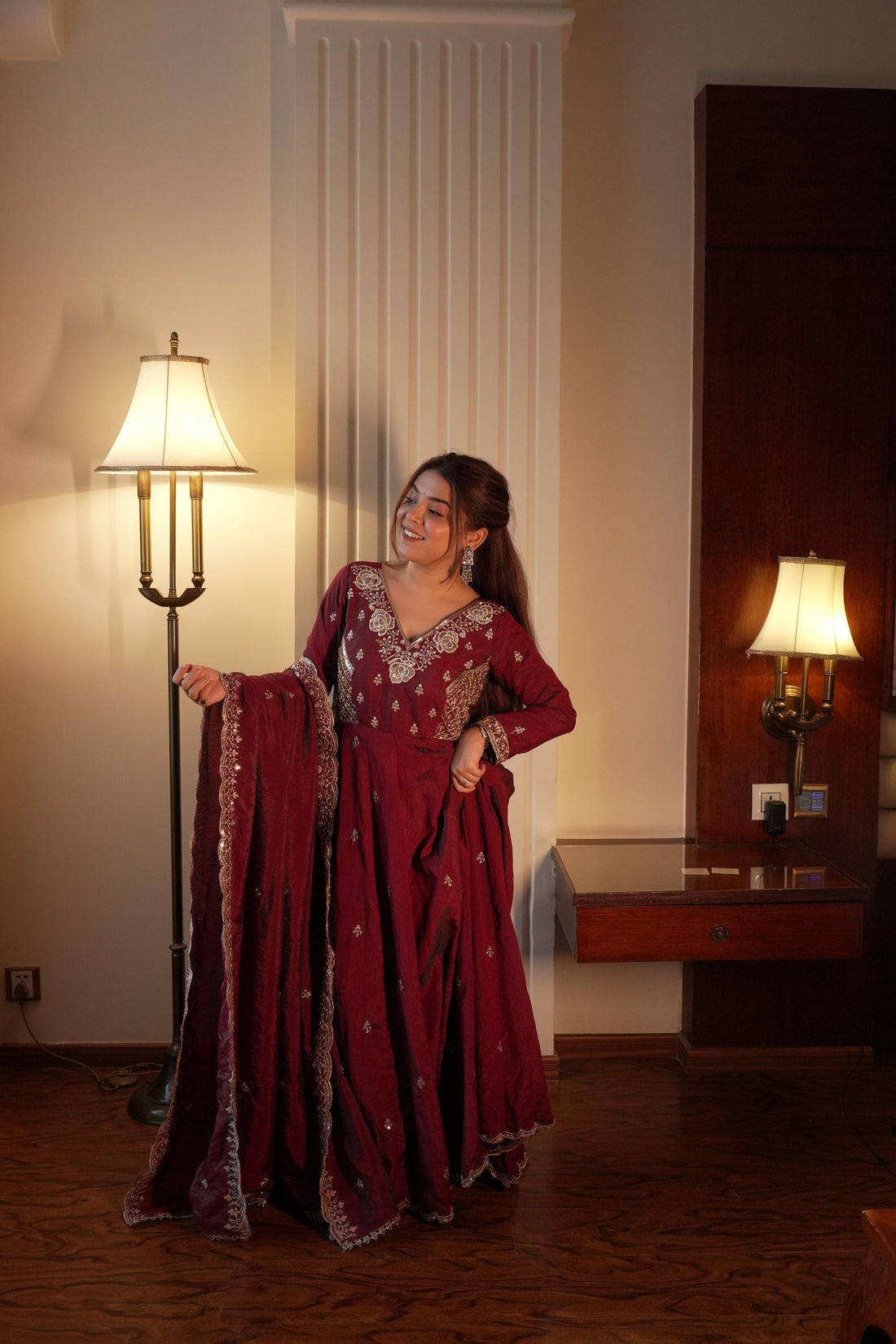 Maroon Vichitra Silk Anarkali Gown Set