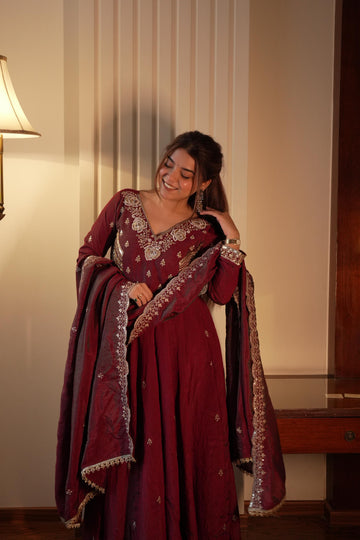 Maroon Vichitra Silk Anarkali Gown Set