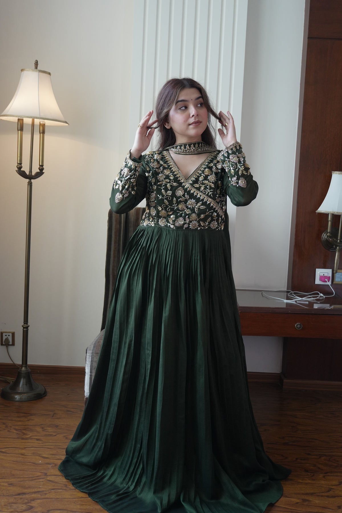 Bottle Green Blooming Vichitra Floor-Length Gown