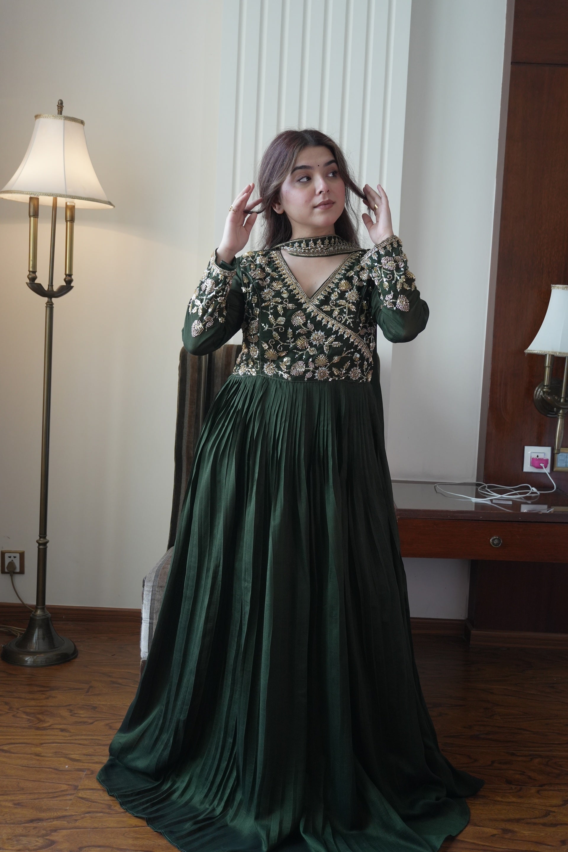 Bottle Green Blooming Vichitra Floor-Length Gown