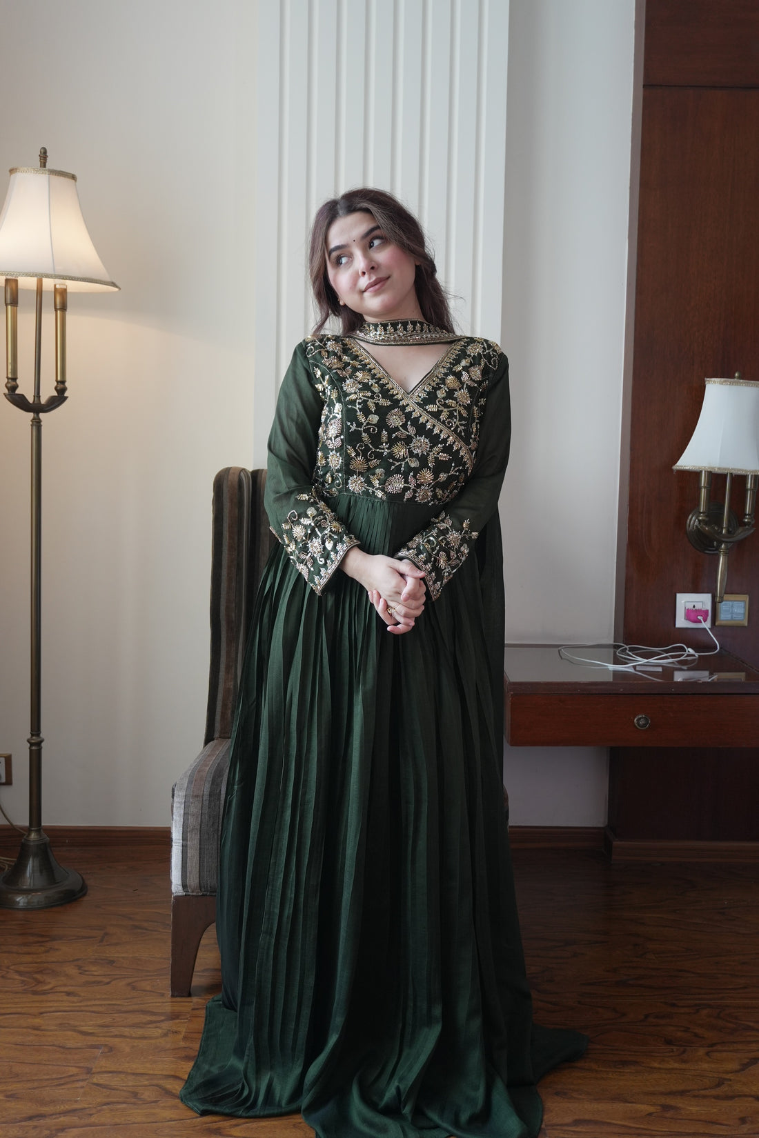Bottle Green Blooming Vichitra Floor-Length Gown