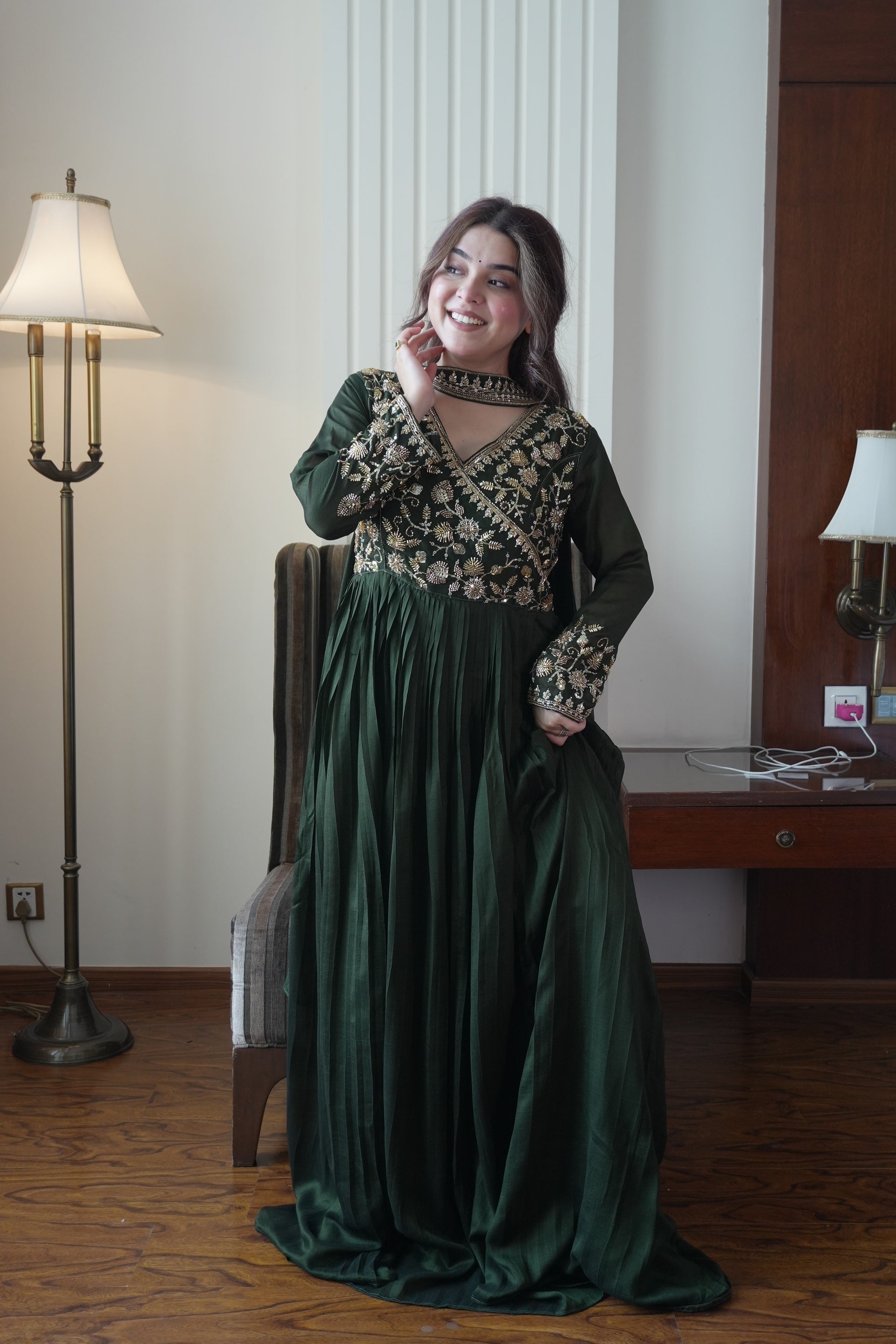 Bottle Green Blooming Vichitra Floor-Length Gown