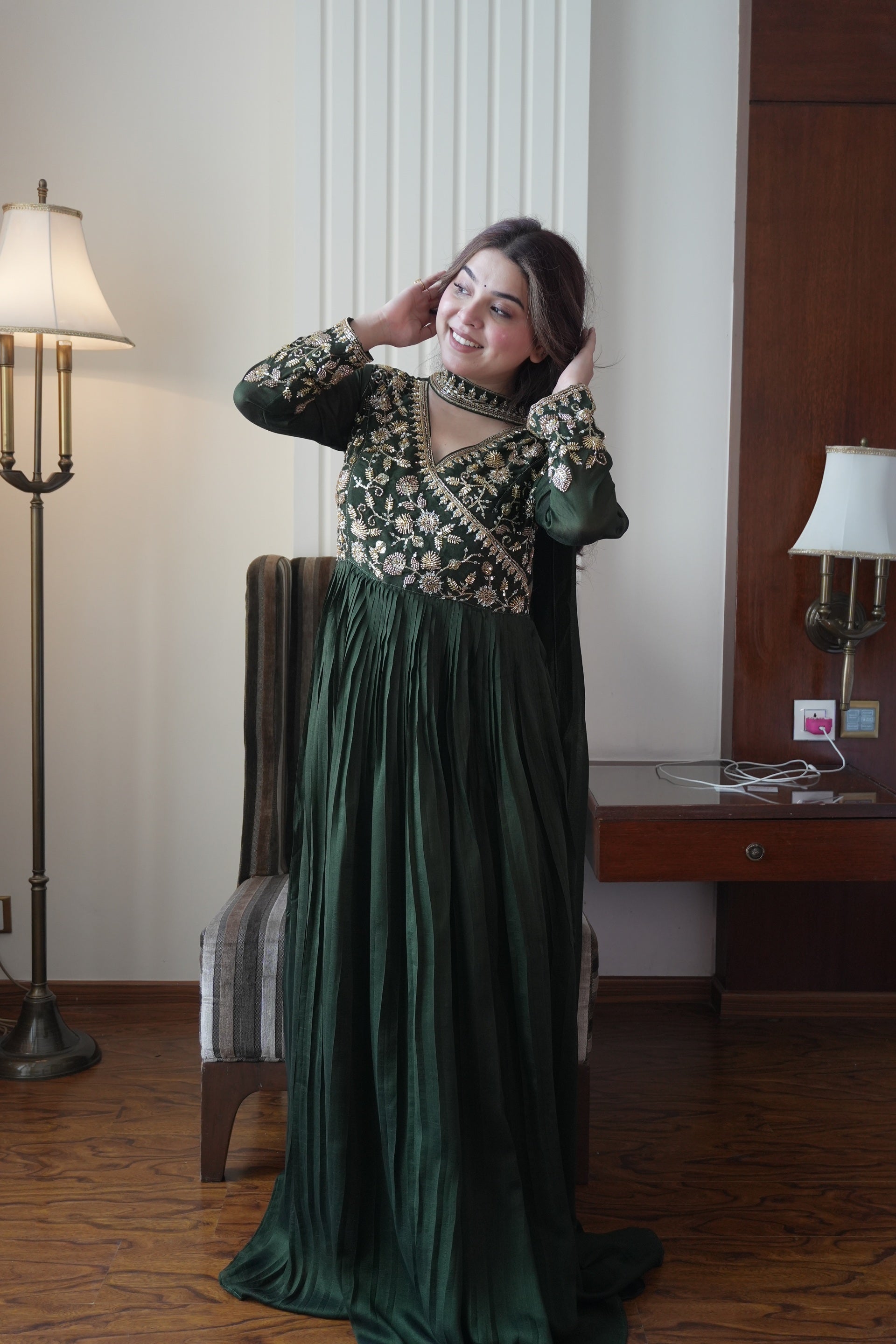 Bottle Green Blooming Vichitra Floor-Length Gown