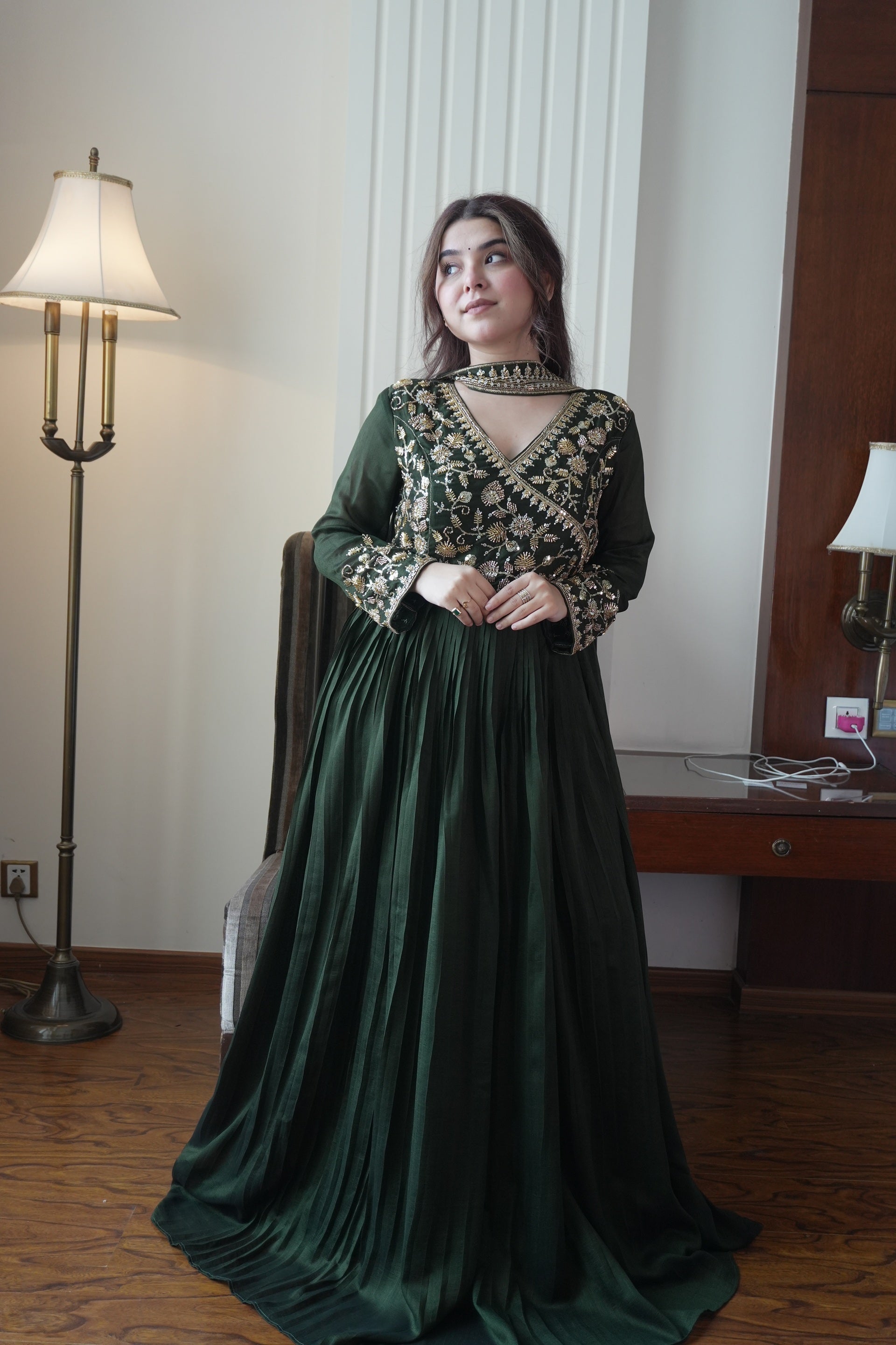 Bottle Green Blooming Vichitra Floor-Length Gown