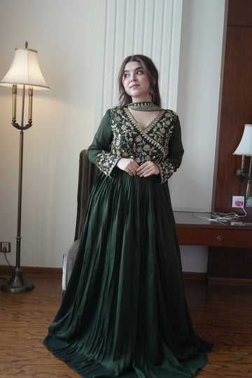 Bottle Green Blooming Vichitra Floor-Length Gown
