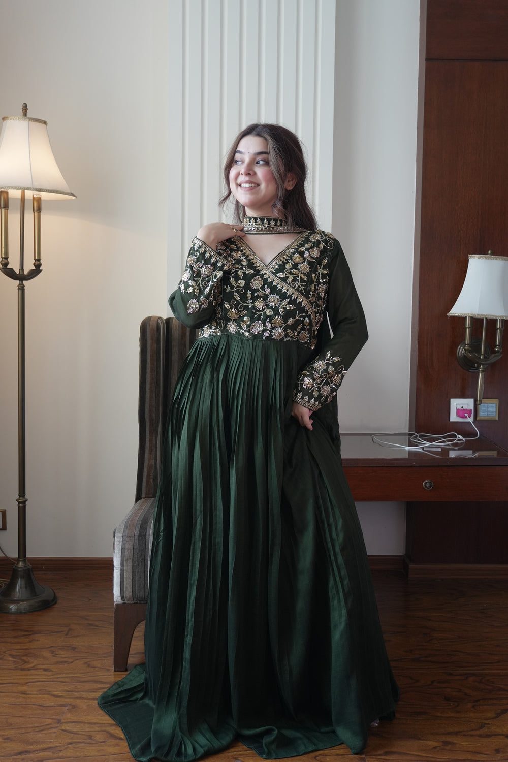 Bottle Green Blooming Vichitra Floor-Length Gown