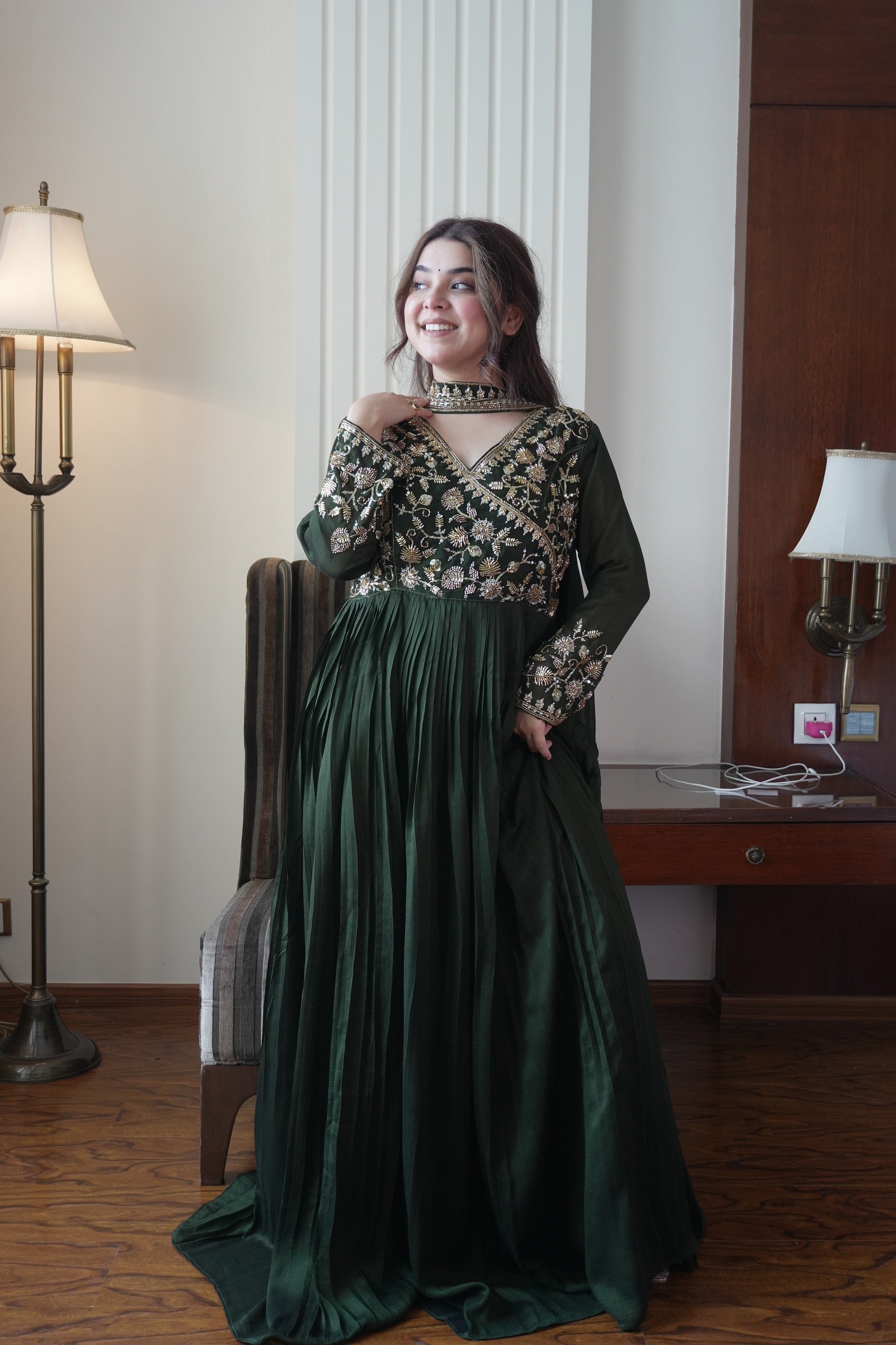 Bottle Green Blooming Vichitra Floor-Length Gown