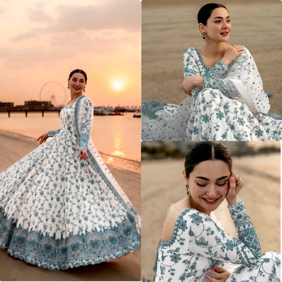 Off-White & Teal Green Embroidered Georgette Anarkali Gown with Cutwork Dupatta