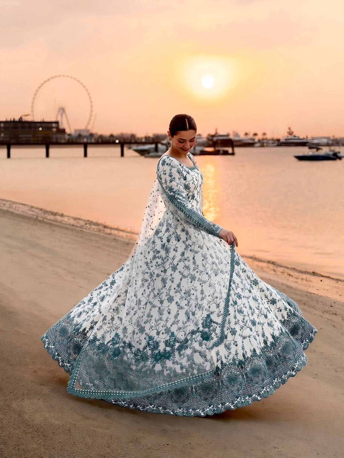 Off-White & Teal Green Embroidered Georgette Anarkali Gown with Cutwork Dupatta