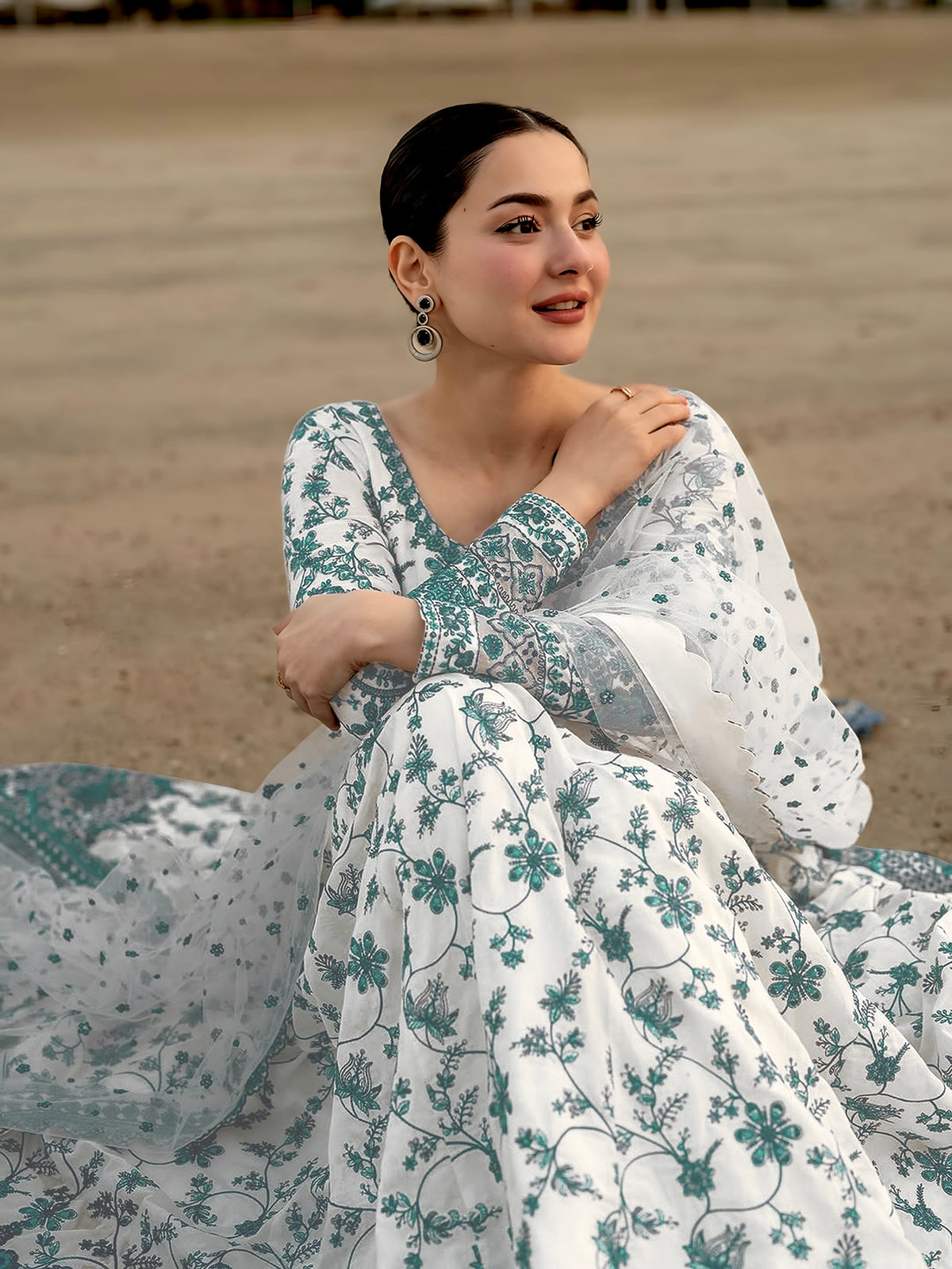 Off-White & Teal Green Embroidered Georgette Anarkali Gown with Cutwork Dupatta