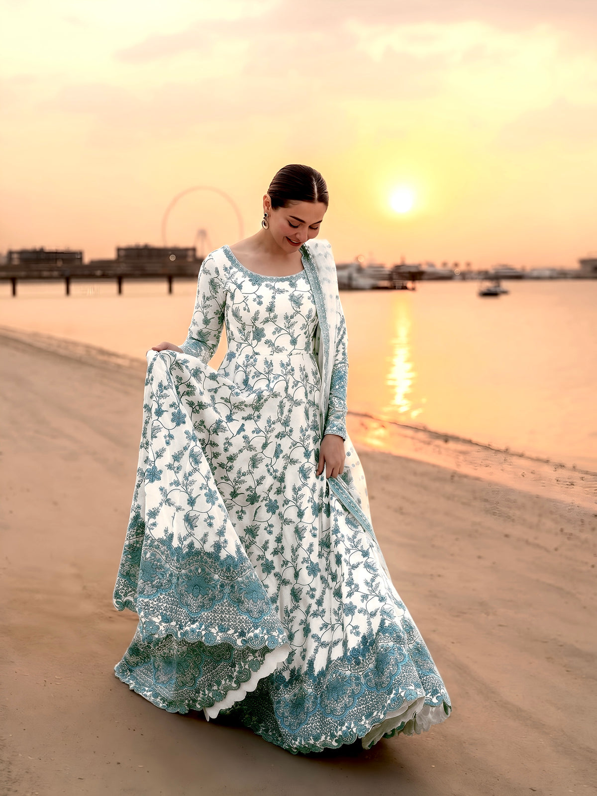 Off-White & Teal Green Embroidered Georgette Anarkali Gown with Cutwork Dupatta
