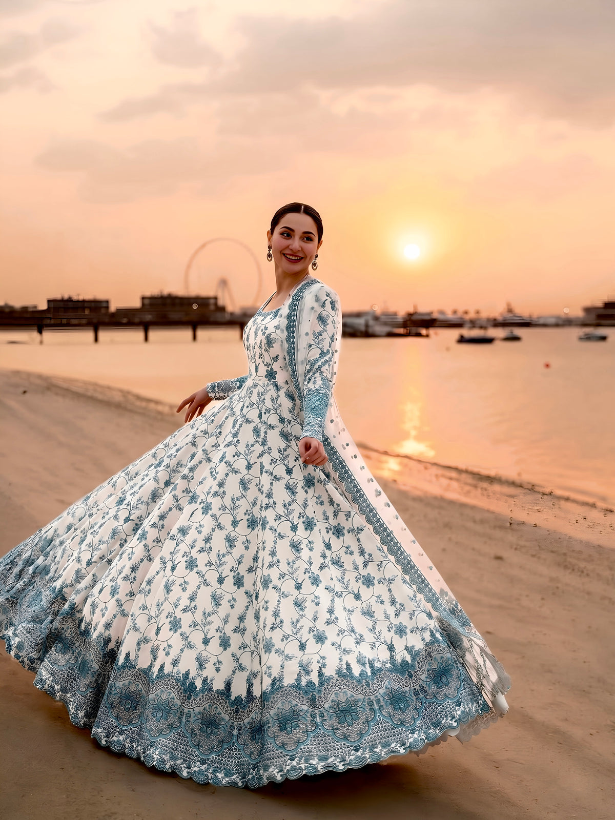 Off-White & Teal Green Embroidered Georgette Anarkali Gown with Cutwork Dupatta