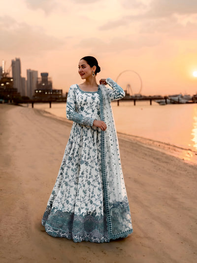 Off-White & Teal Green Embroidered Georgette Anarkali Gown with Cutwork Dupatta