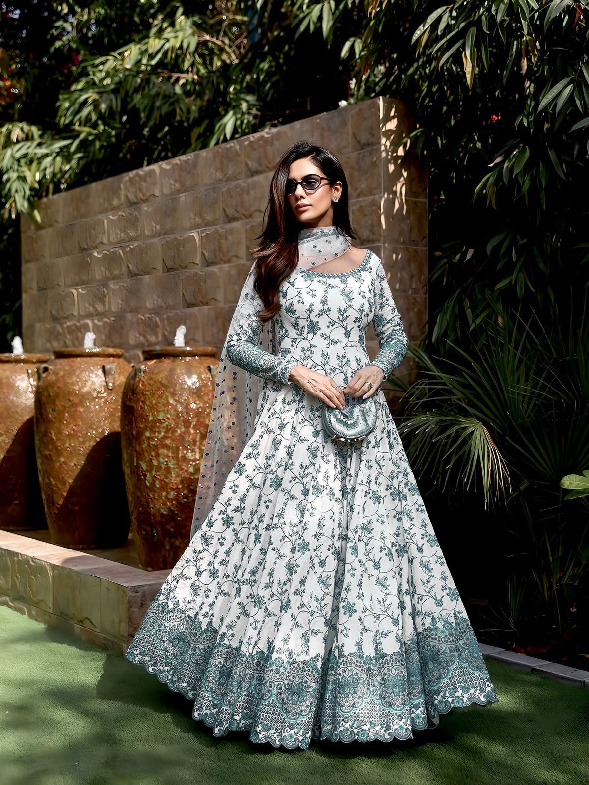 Off-White & Teal Green Embroidered Georgette Anarkali Gown with Cutwork Dupatta