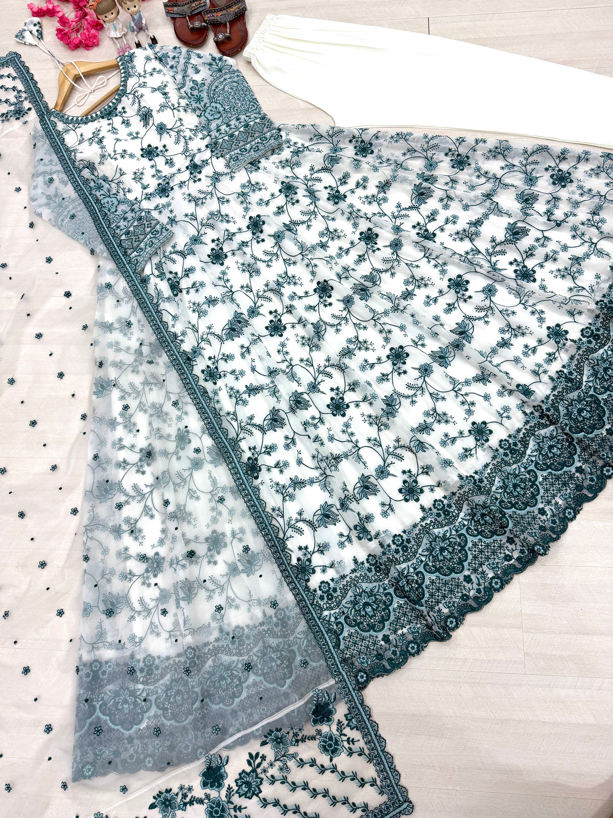 Off-White & Teal Green Embroidered Georgette Anarkali Gown with Cutwork Dupatta