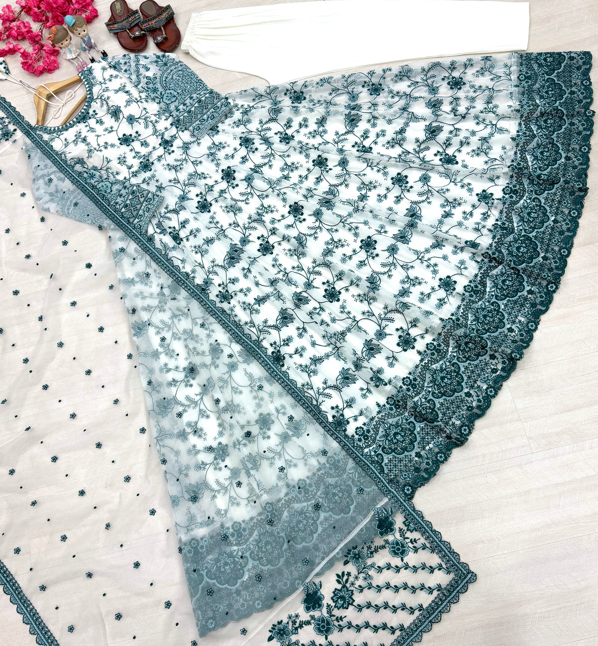 Off-White & Teal Green Embroidered Georgette Anarkali Gown with Cutwork Dupatta