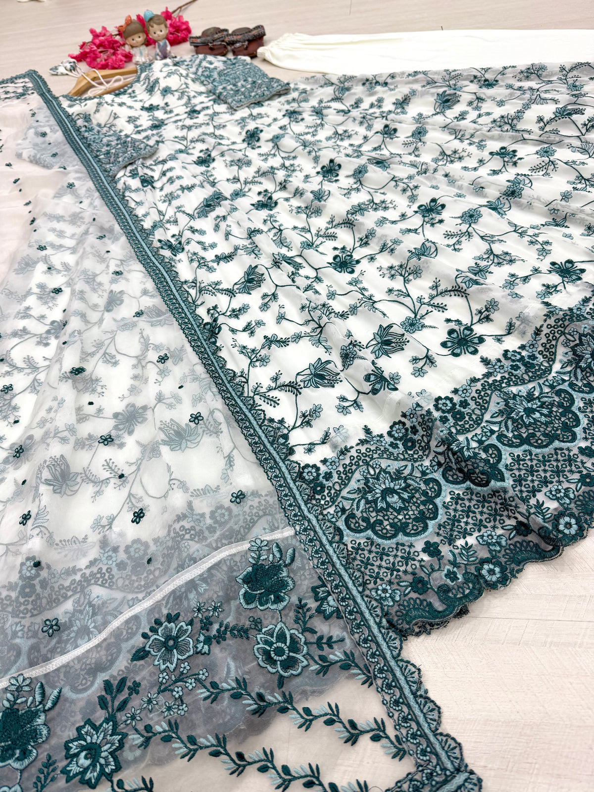 Off-White & Teal Green Embroidered Georgette Anarkali Gown with Cutwork Dupatta