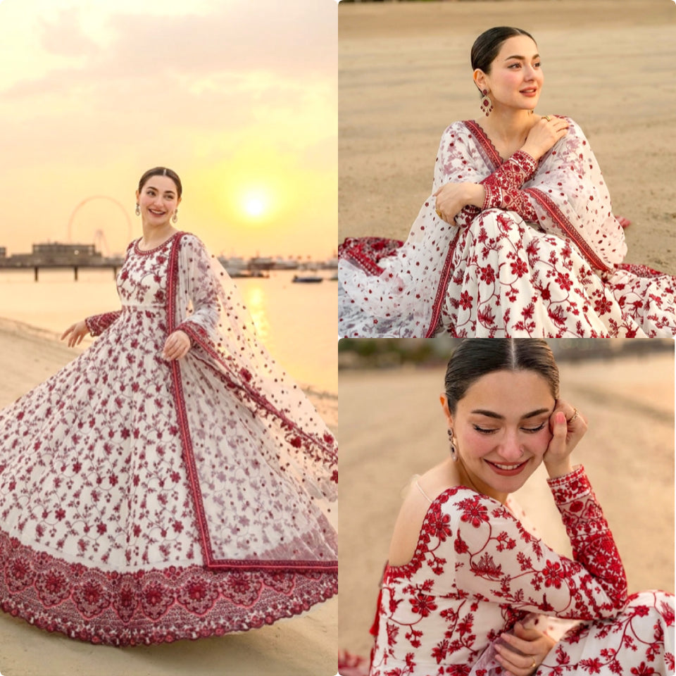 Off-White & Maroon Embroidered Georgette Anarkali Gown with Cutwork Dupatta