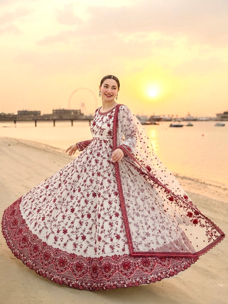 Off-White & Maroon Embroidered Georgette Anarkali Gown with Cutwork Dupatta