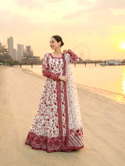 Off-White & Maroon Embroidered Georgette Anarkali Gown with Cutwork Dupatta