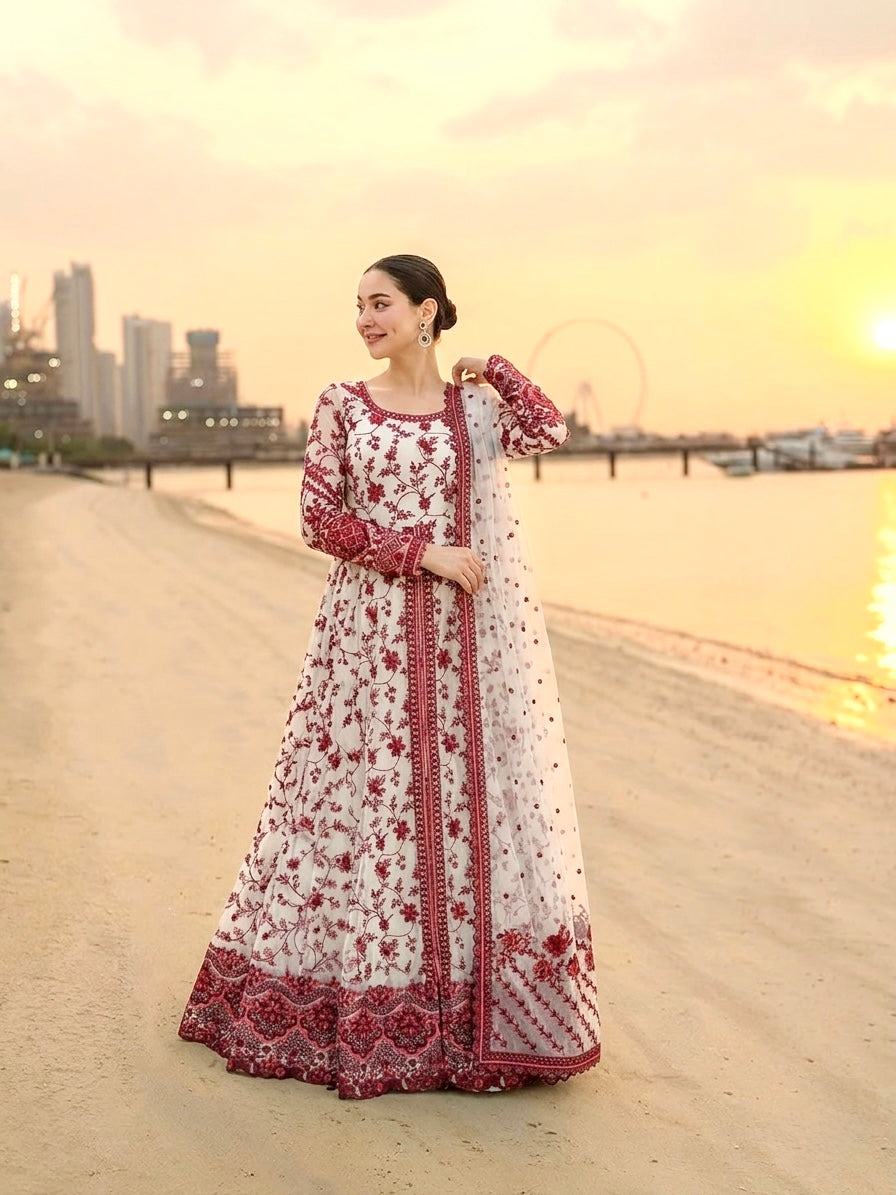 Off-White & Maroon Embroidered Georgette Anarkali Gown with Cutwork Dupatta