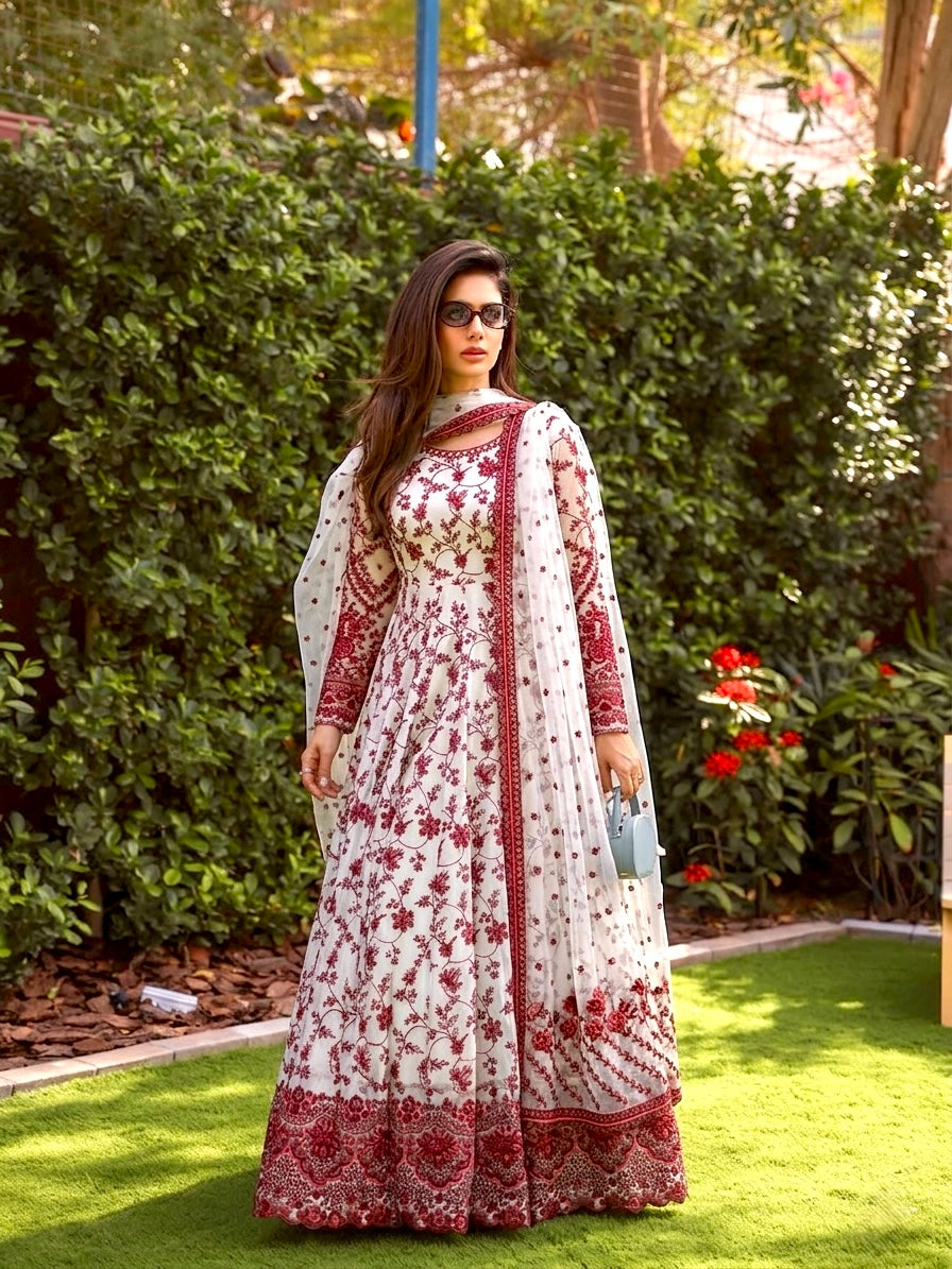 Off-White & Maroon Embroidered Georgette Anarkali Gown with Cutwork Dupatta
