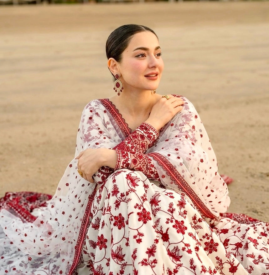 Off-White & Maroon Embroidered Georgette Anarkali Gown with Cutwork Dupatta