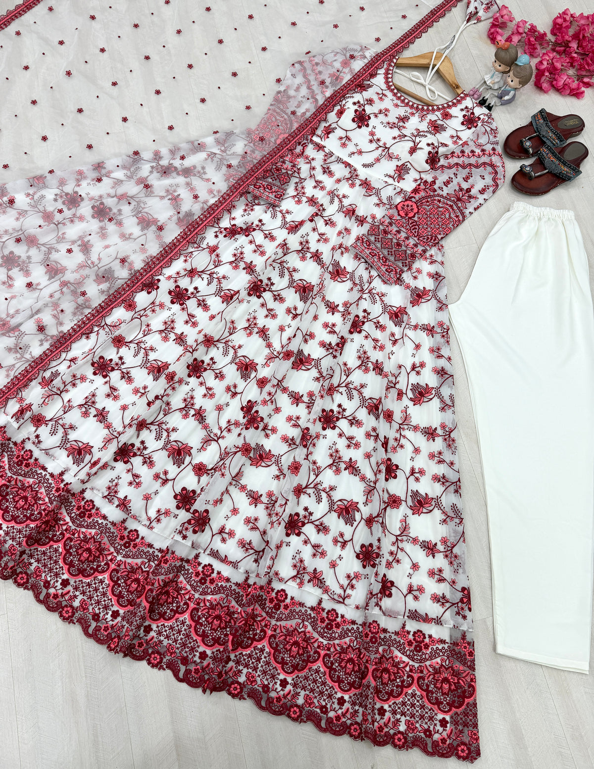 Off-White & Maroon Embroidered Georgette Anarkali Gown with Cutwork Dupatta