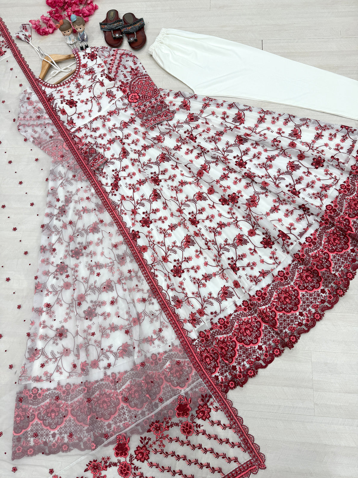 Off-White & Maroon Embroidered Georgette Anarkali Gown with Cutwork Dupatta
