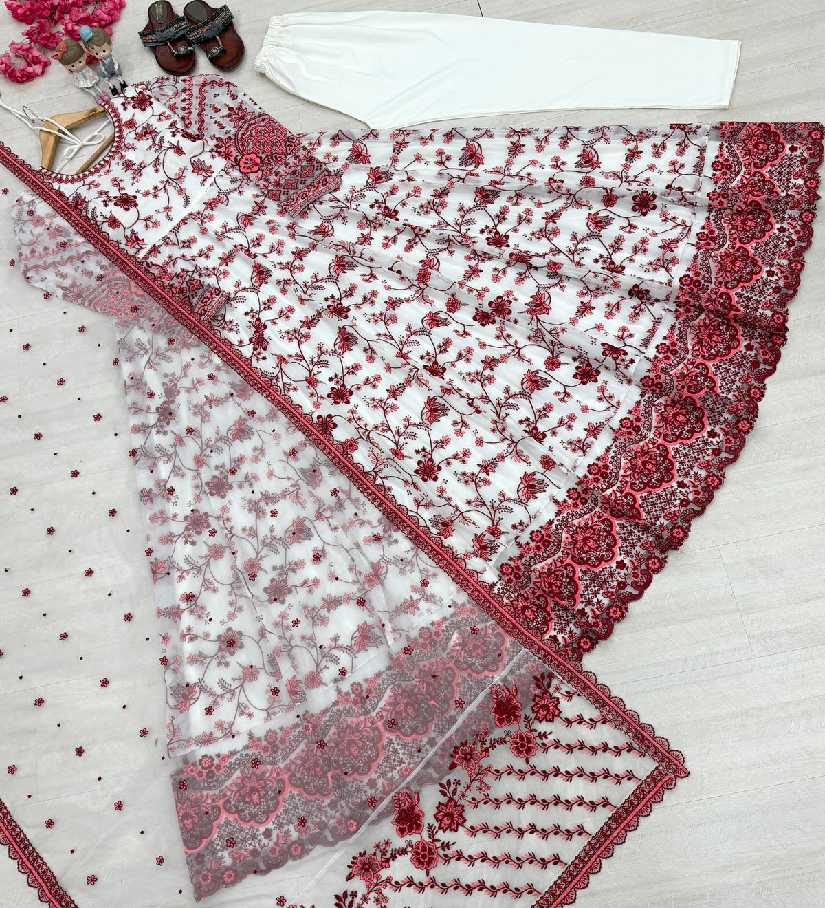 Off-White & Maroon Embroidered Georgette Anarkali Gown with Cutwork Dupatta