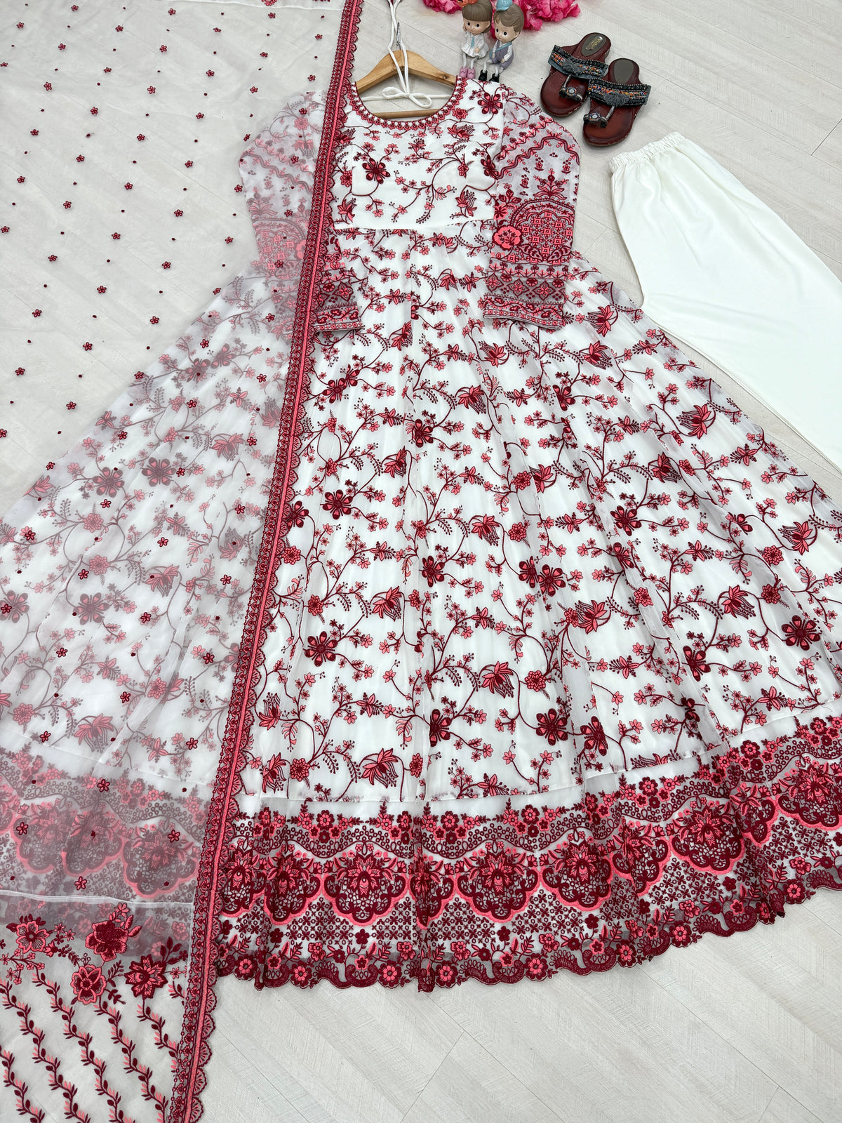 Off-White & Maroon Embroidered Georgette Anarkali Gown with Cutwork Dupatta