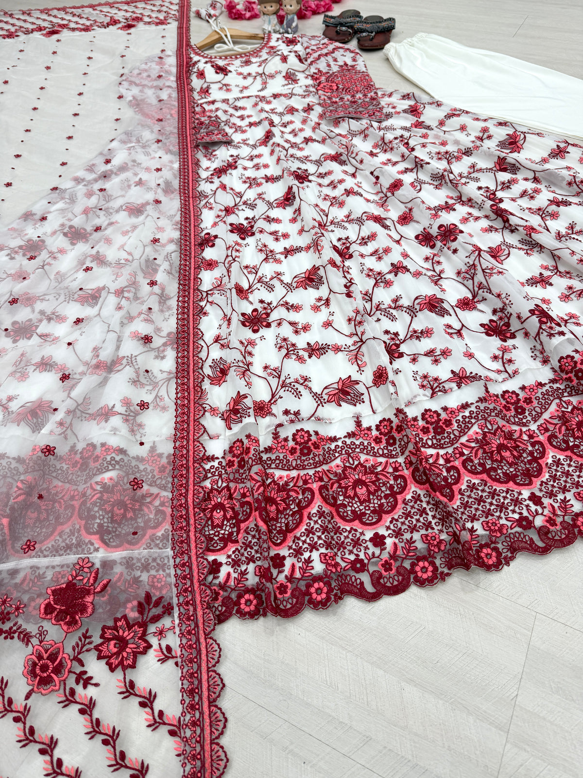Off-White & Maroon Embroidered Georgette Anarkali Gown with Cutwork Dupatta