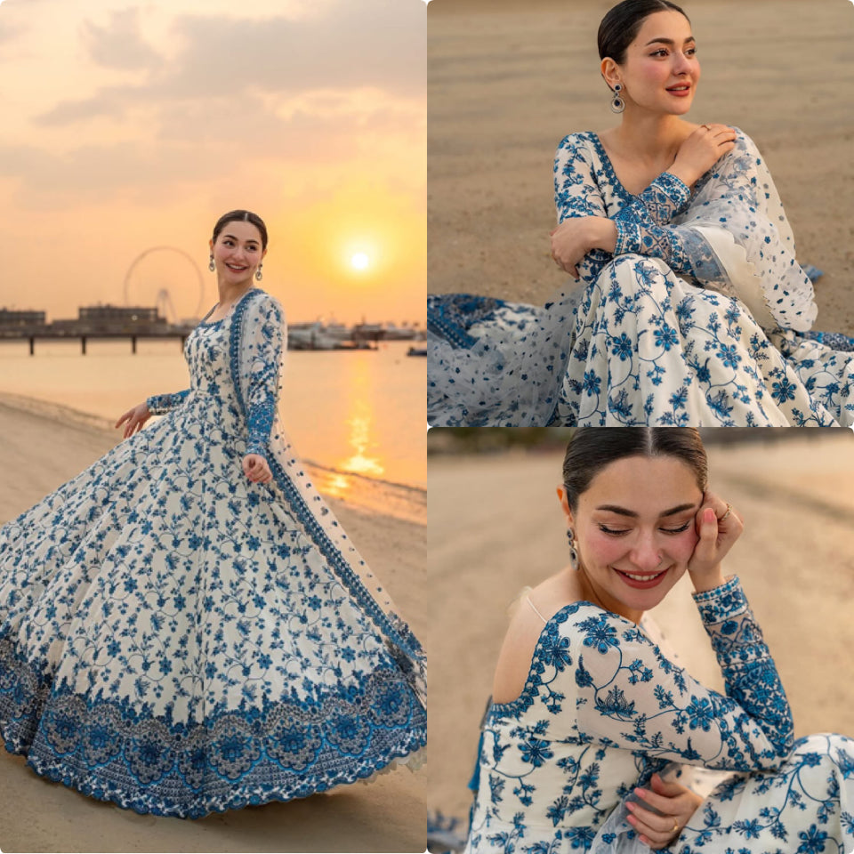 Off-White & Royal Blue Embroidered Georgette Anarkali Gown with Cutwork Dupatta