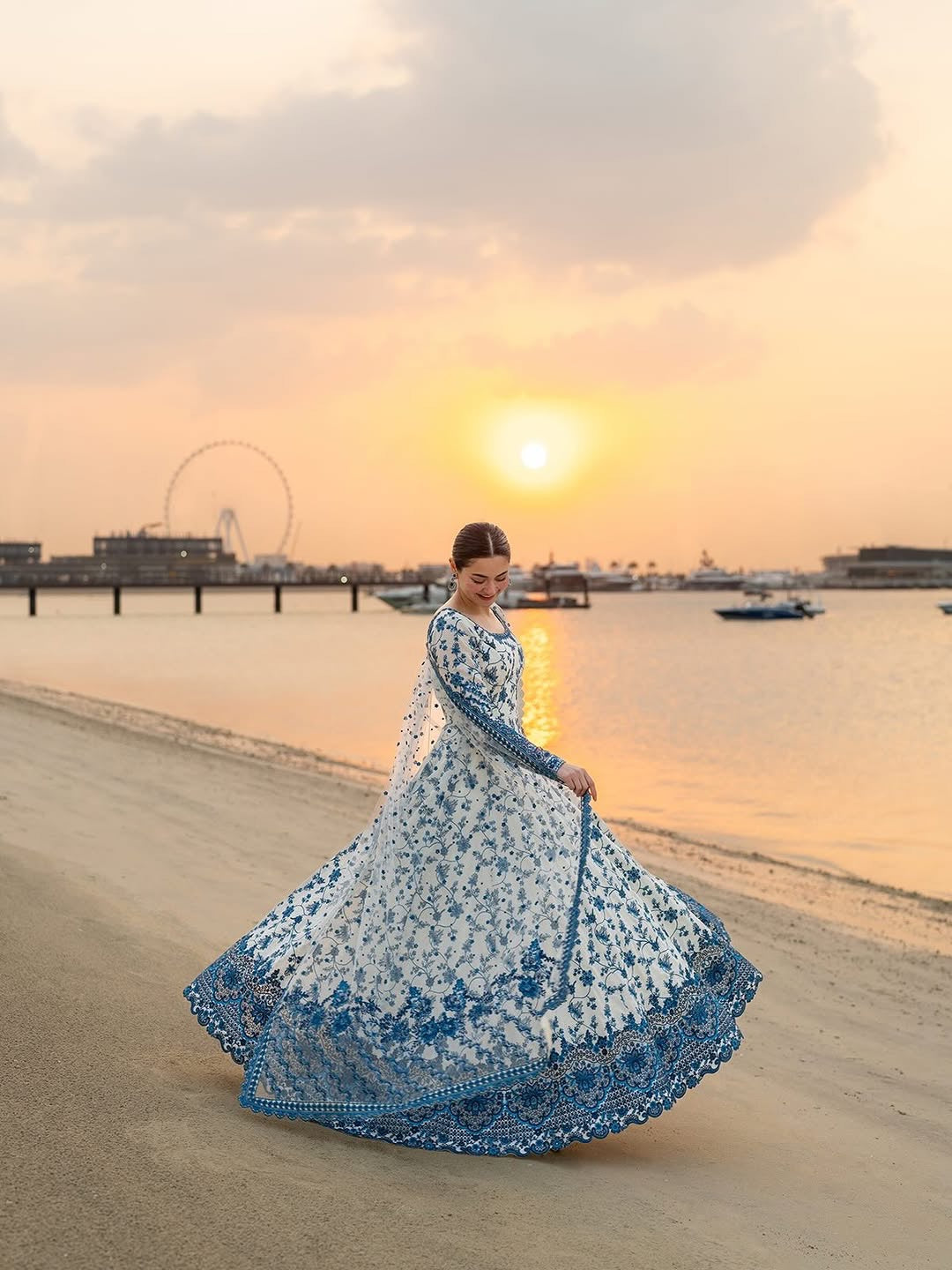 Off-White & Royal Blue Embroidered Georgette Anarkali Gown with Cutwork Dupatta