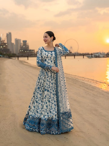 Off-White & Royal Blue Embroidered Georgette Anarkali Gown with Cutwork Dupatta