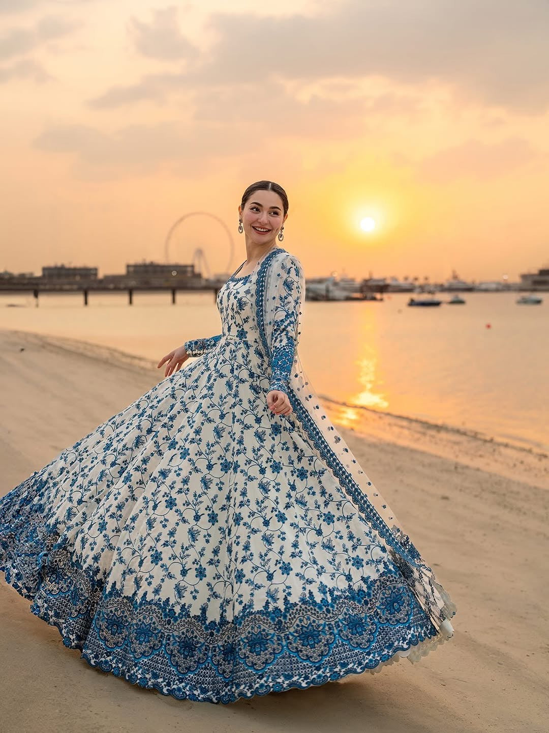 Off-White & Royal Blue Embroidered Georgette Anarkali Gown with Cutwork Dupatta