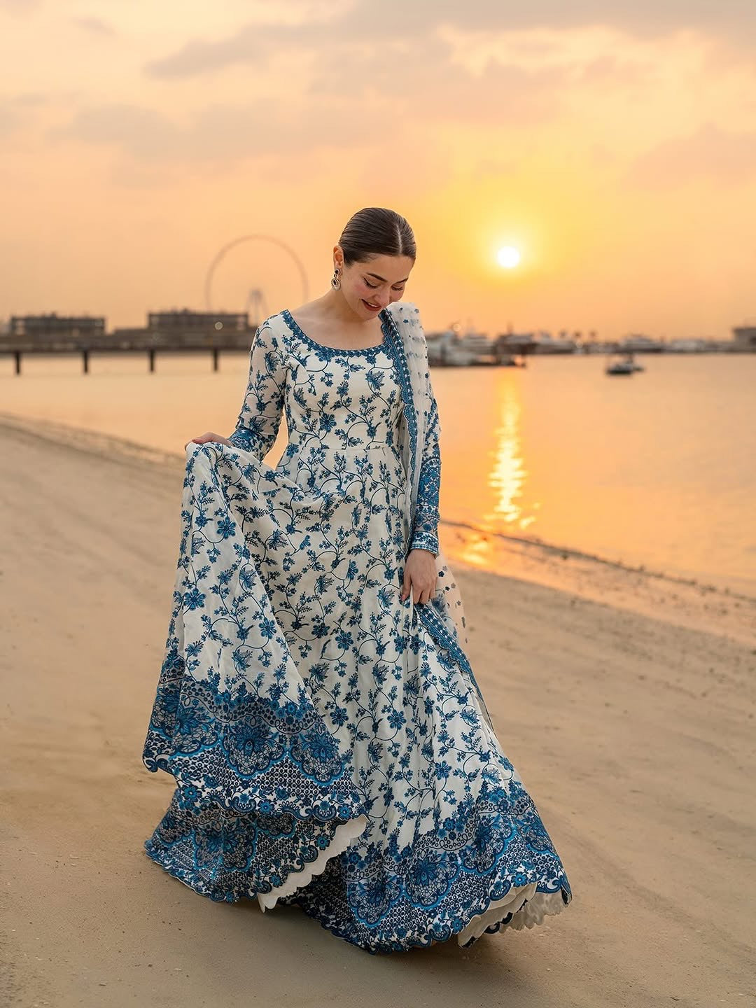 Off-White & Royal Blue Embroidered Georgette Anarkali Gown with Cutwork Dupatta